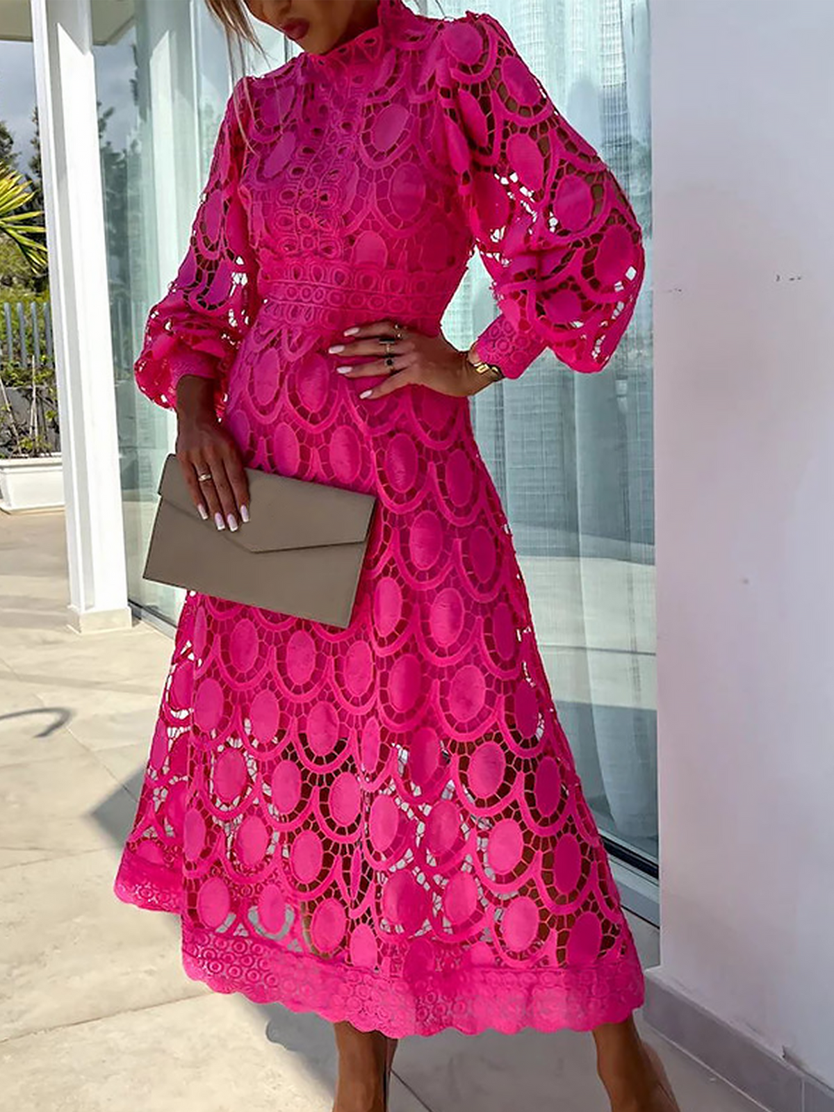Elegant Boho Eyelet Mock Neck Long Sleeves Evening Maxi Dress