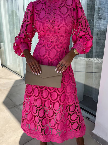 Elegant Boho Eyelet Mock Neck Long Sleeves Evening Maxi Dress