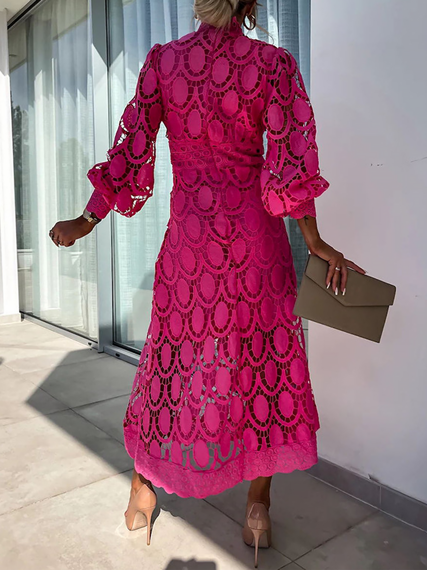 Elegant Boho Eyelet Mock Neck Long Sleeves Evening Maxi Dress