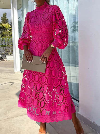 Elegant Boho Eyelet Mock Neck Long Sleeves Evening Maxi Dress