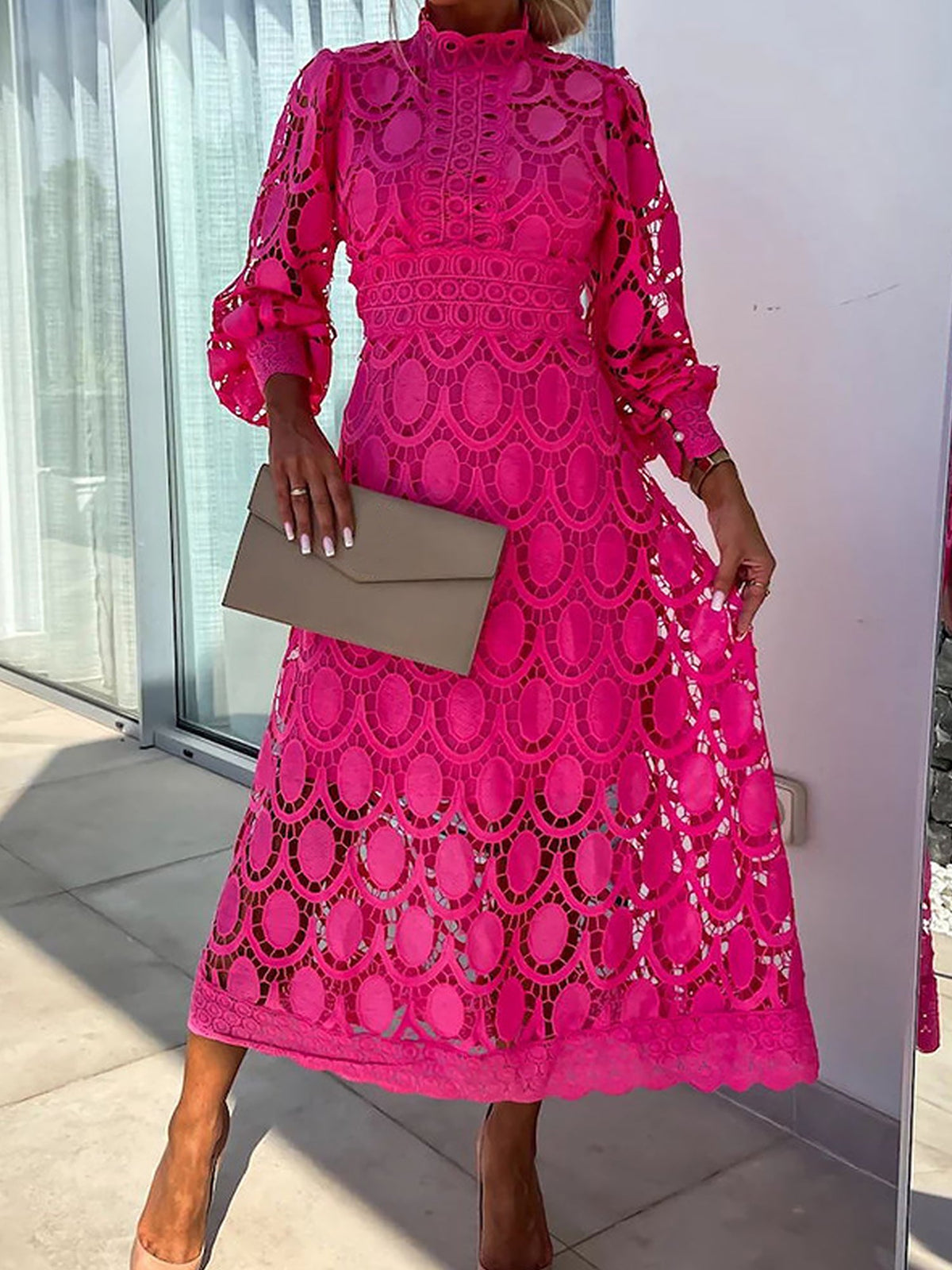 Elegant Boho Eyelet Mock Neck Long Sleeves Evening Maxi Dress