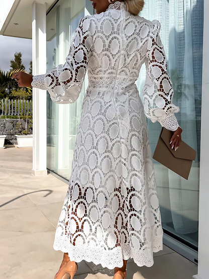 Elegant Boho Eyelet Mock Neck Long Sleeves Evening Maxi Dress