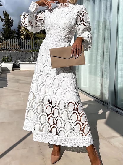 Elegant Boho Eyelet Mock Neck Long Sleeves Evening Maxi Dress