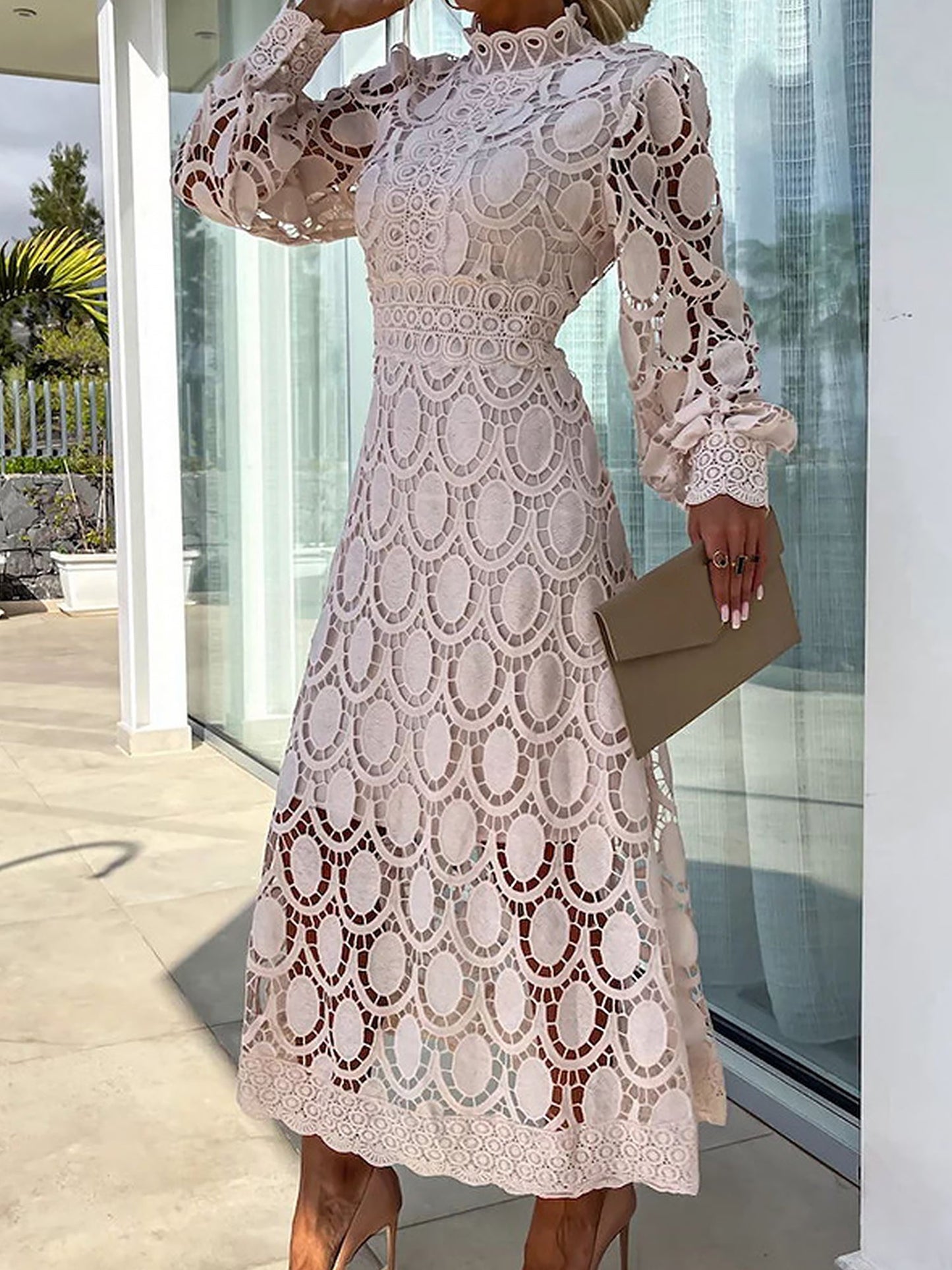 Elegant Boho Eyelet Mock Neck Long Sleeves Evening Maxi Dress