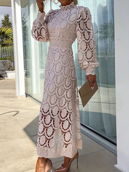 Elegant Boho Eyelet Mock Neck Long Sleeves Evening Maxi Dress