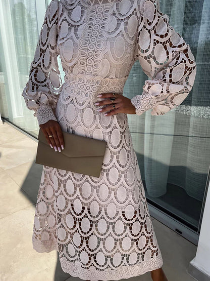 Elegant Boho Eyelet Mock Neck Long Sleeves Evening Maxi Dress