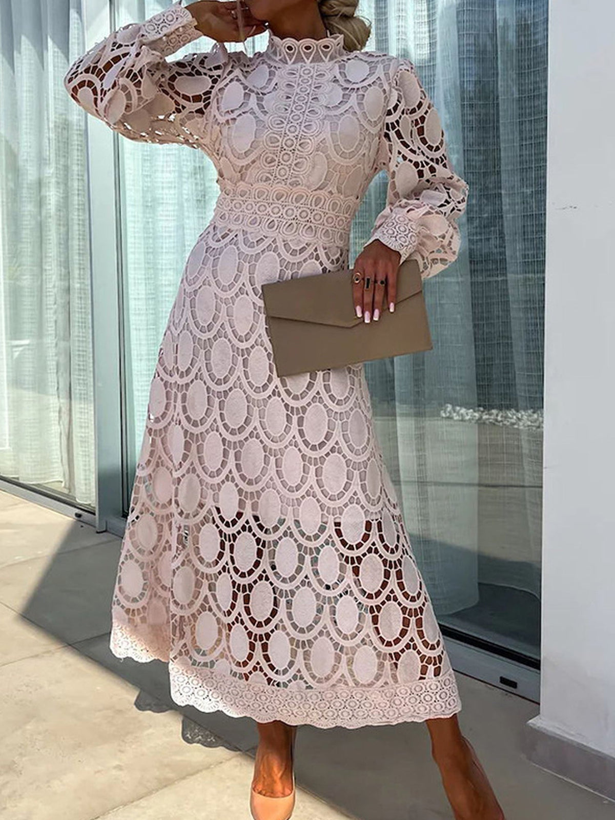 Elegant Boho Eyelet Mock Neck Long Sleeves Evening Maxi Dress