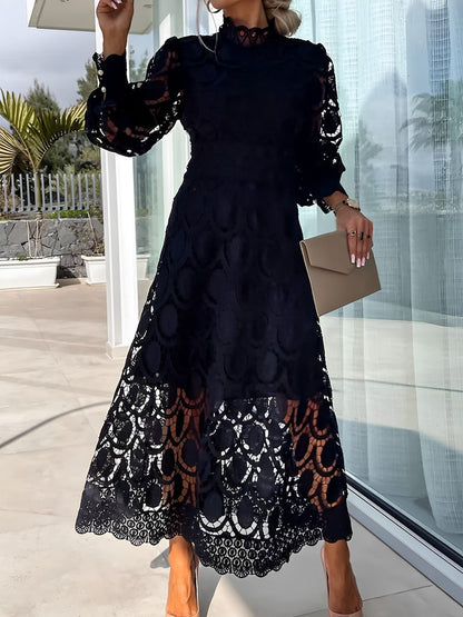 Elegant Boho Eyelet Mock Neck Long Sleeves Evening Maxi Dress