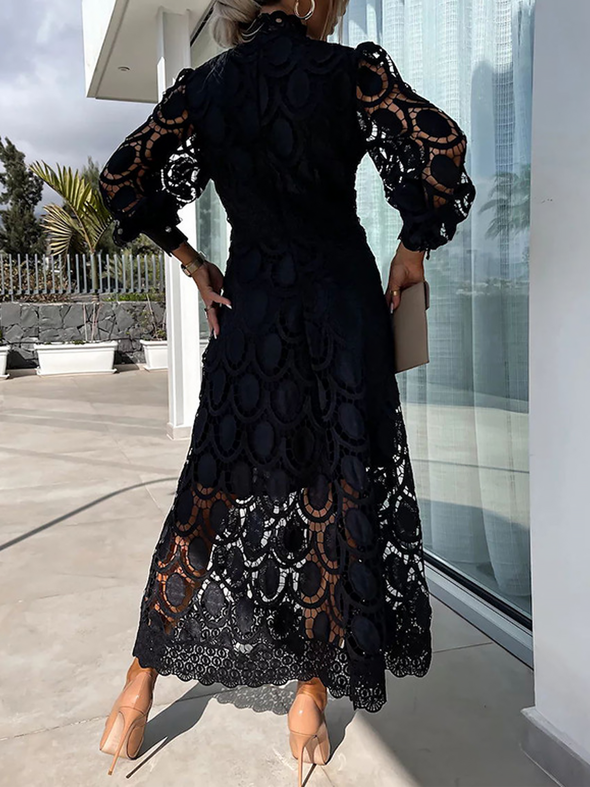 Elegant Boho Eyelet Mock Neck Long Sleeves Evening Maxi Dress