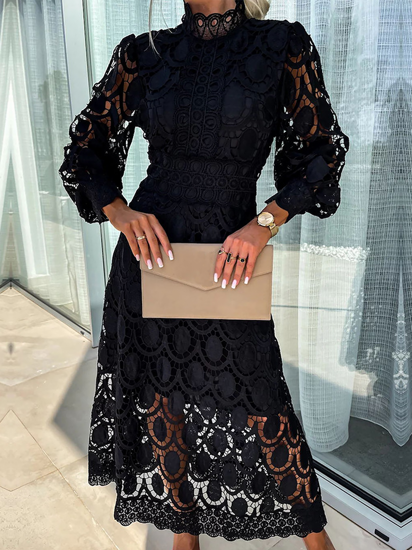 Elegant Boho Eyelet Mock Neck Long Sleeves Evening Maxi Dress