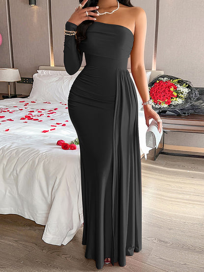 Solid Color One Shoulder Bodycon Maxi Cocktail Dress