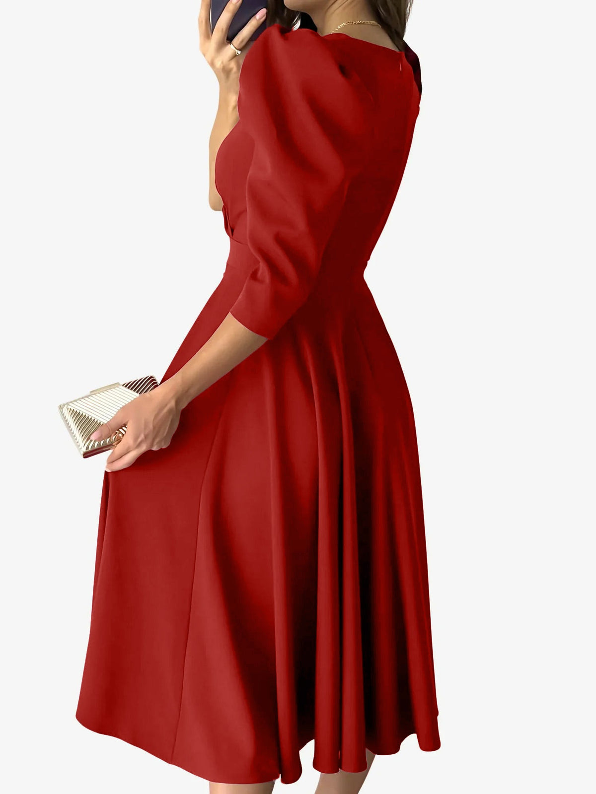 Solid Color V-Neck Puff Sleeve A-Line Midi Dress