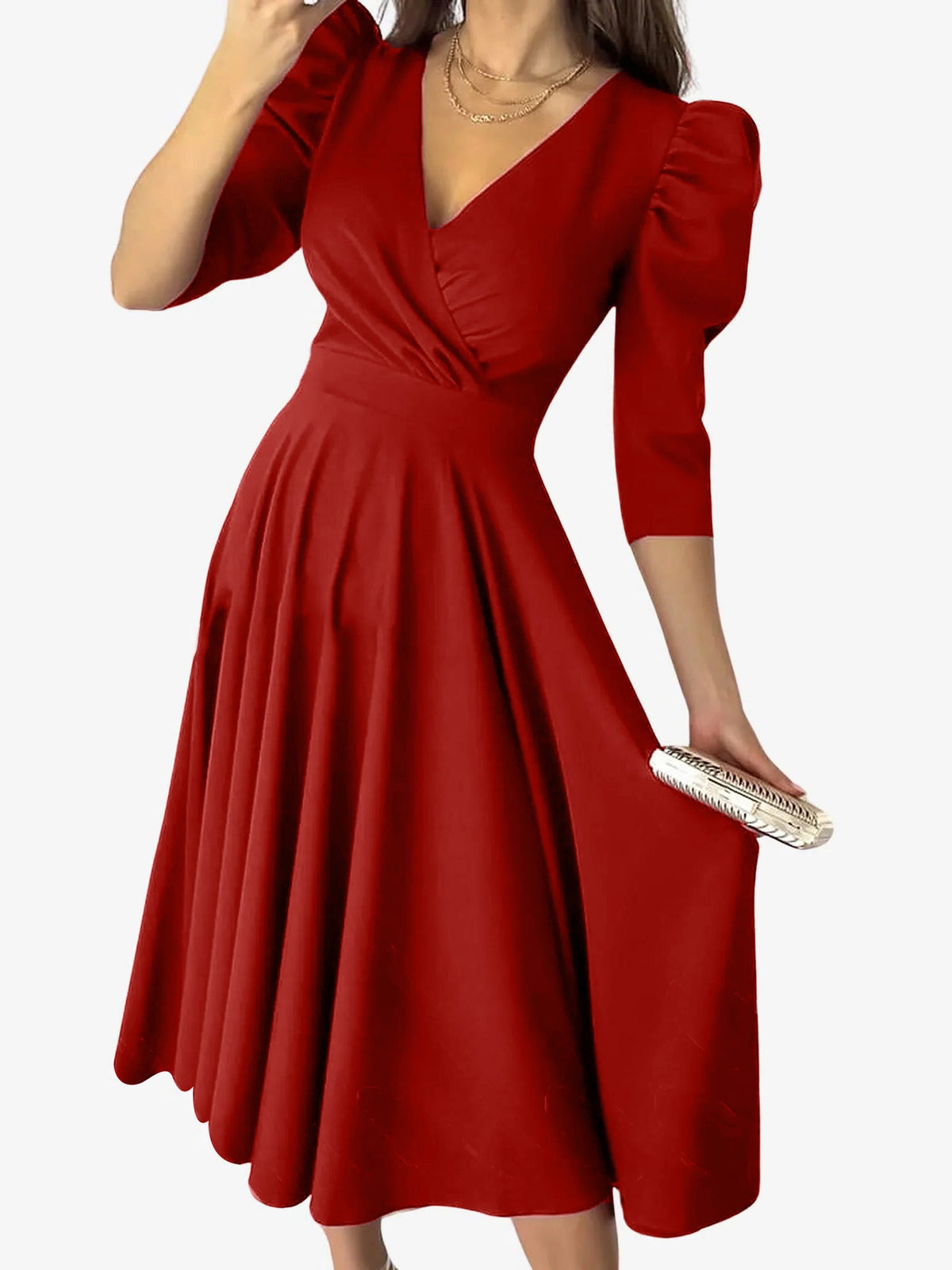 Solid Color V-Neck Puff Sleeve A-Line Midi Dress