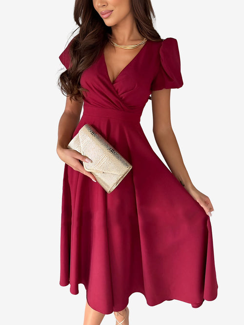 Versatile Crewneck Solid Color V Neck Puff Short Sleeve Midi Dress with Elastic Waist