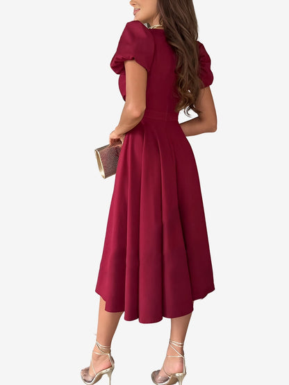 Versatile Crewneck Solid Color V Neck Puff Short Sleeve Midi Dress with Elastic Waist