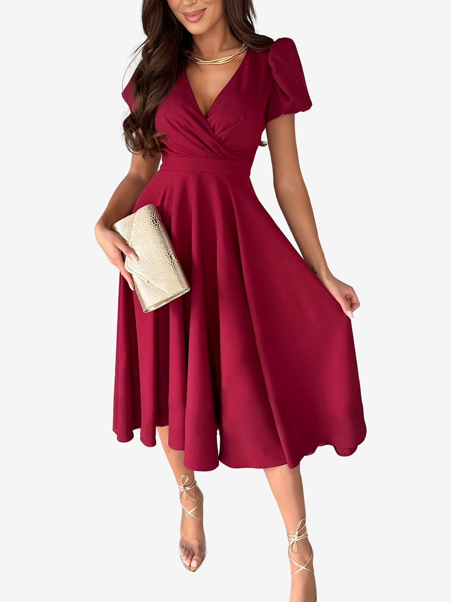 Versatile Crewneck Solid Color V Neck Puff Short Sleeve Midi Dress with Elastic Waist