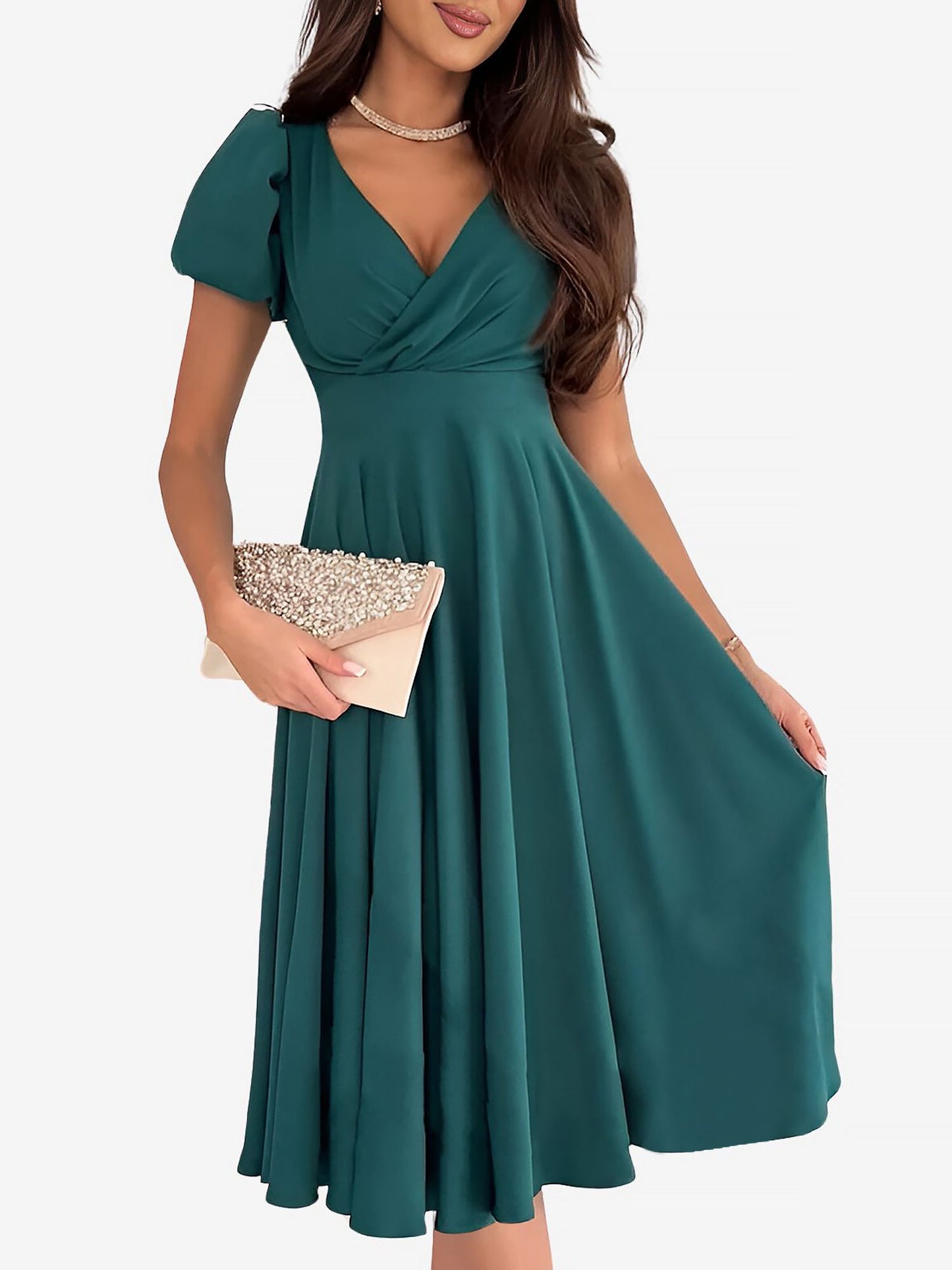 Versatile Crewneck Solid Color V Neck Puff Short Sleeve Midi Dress with Elastic Waist