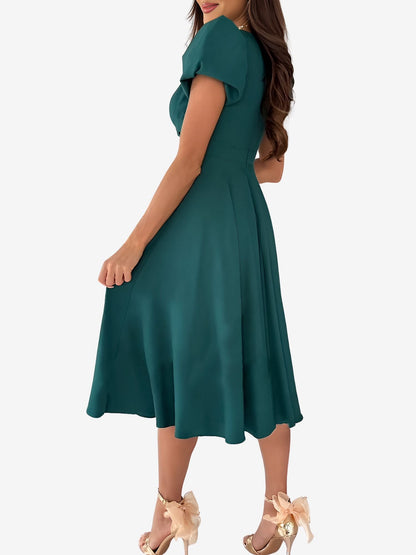 Versatile Crewneck Solid Color V Neck Puff Short Sleeve Midi Dress with Elastic Waist