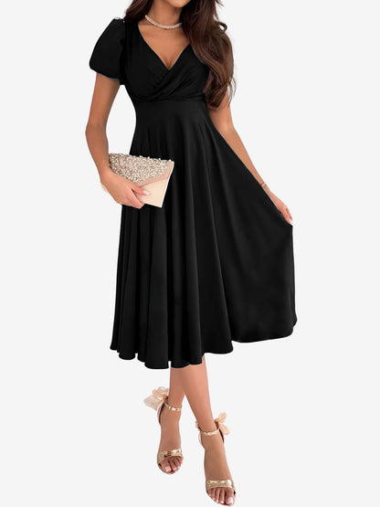 Versatile Crewneck Solid Color V Neck Puff Short Sleeve Midi Dress with Elastic Waist