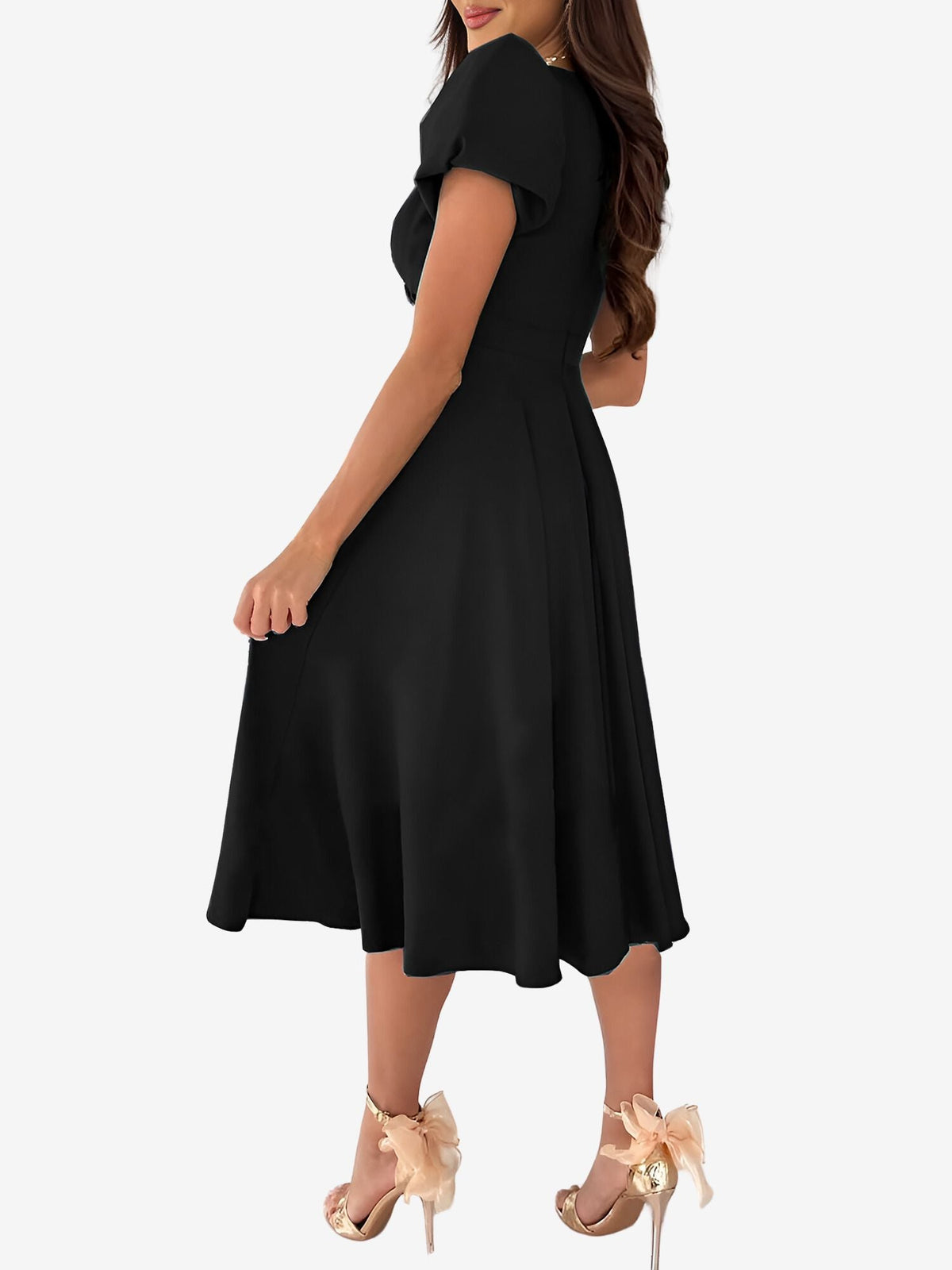 Versatile Crewneck Solid Color V Neck Puff Short Sleeve Midi Dress with Elastic Waist