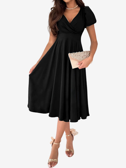 Versatile Crewneck Solid Color V Neck Puff Short Sleeve Midi Dress with Elastic Waist