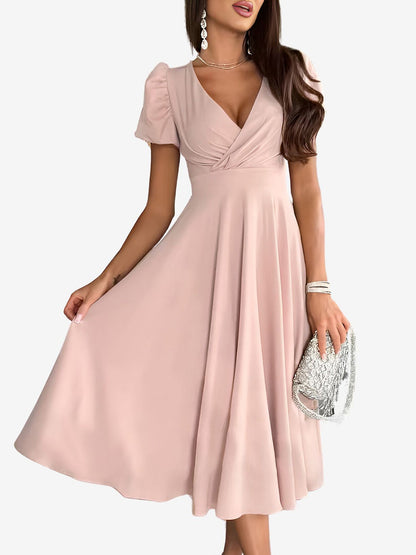Versatile Crewneck Solid Color V Neck Puff Short Sleeve Midi Dress with Elastic Waist