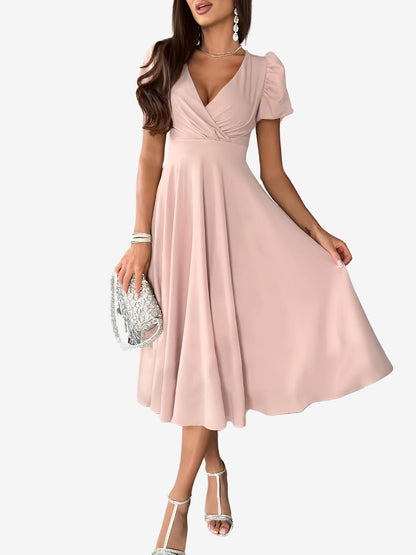 Versatile Crewneck Solid Color V Neck Puff Short Sleeve Midi Dress with Elastic Waist
