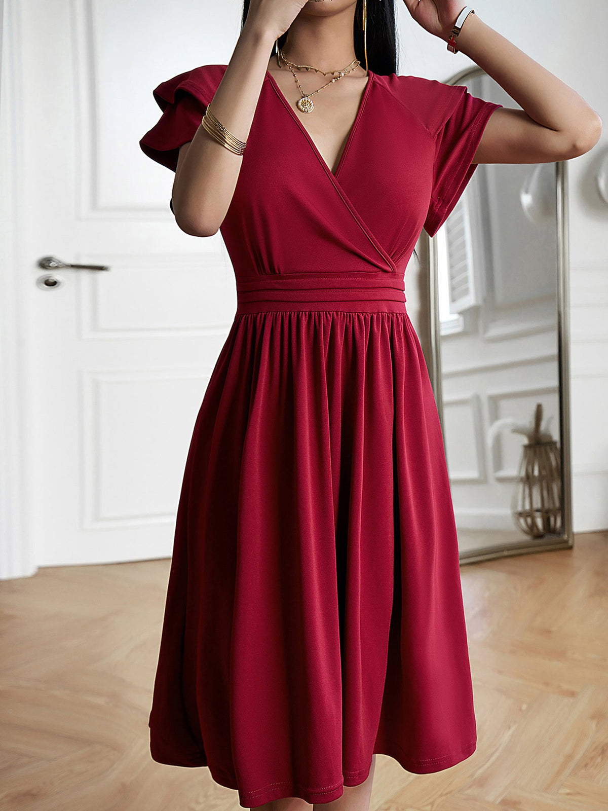 Breathable Cotton Blend Solid Color V Neck Ruffled Sleeve Midi Date Nights & Garden Parties Dress