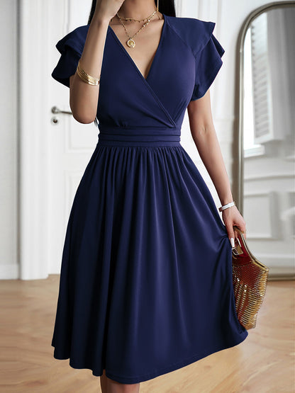 Breathable Cotton Blend Solid Color V Neck Ruffled Sleeve Midi Date Nights & Garden Parties Dress