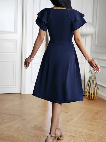 Breathable Cotton Blend Solid Color V Neck Ruffled Sleeve Midi Date Nights & Garden Parties Dress