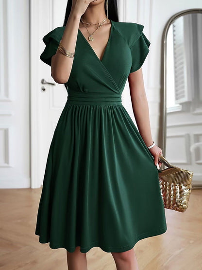Breathable Cotton Blend Solid Color V Neck Ruffled Sleeve Midi Date Nights & Garden Parties Dress