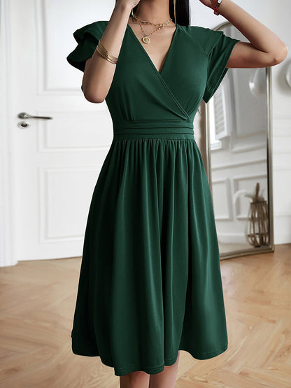 Breathable Cotton Blend Solid Color V Neck Ruffled Sleeve Midi Date Nights & Garden Parties Dress