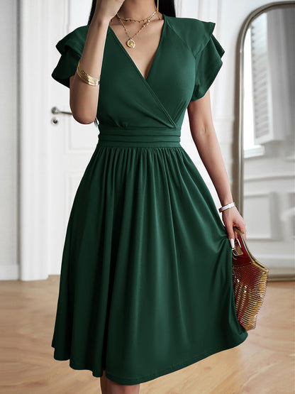 Breathable Cotton Blend Solid Color V Neck Ruffled Sleeve Midi Date Nights & Garden Parties Dress
