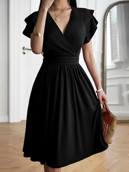 Breathable Cotton Blend Solid Color V Neck Ruffled Sleeve Midi Date Nights & Garden Parties Dress