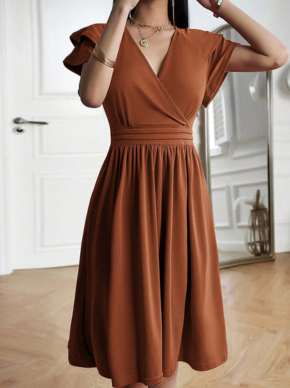 Breathable Cotton Blend Solid Color V Neck Ruffled Sleeve Midi Date Nights & Garden Parties Dress