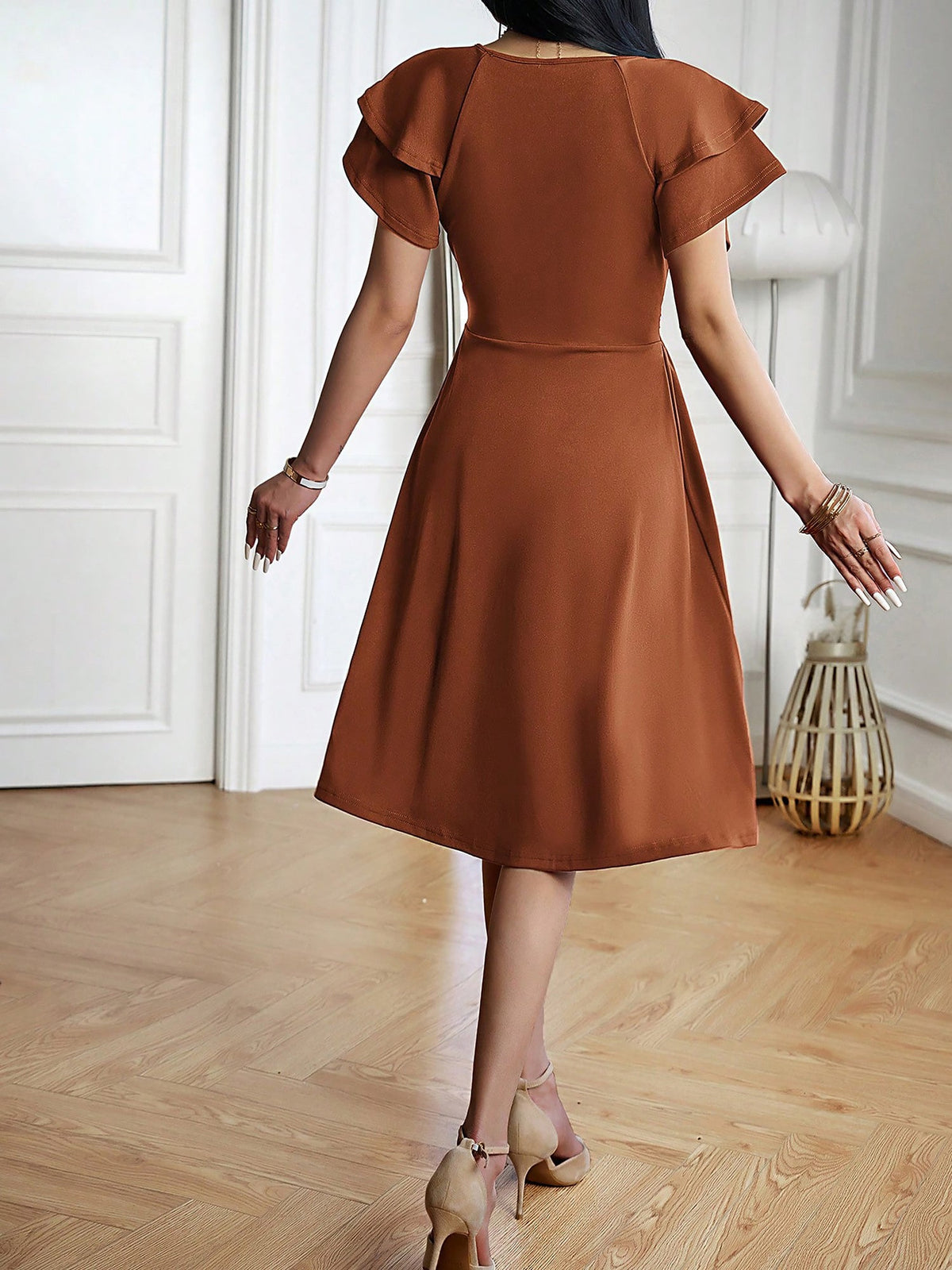 Breathable Cotton Blend Solid Color V Neck Ruffled Sleeve Midi Date Nights & Garden Parties Dress