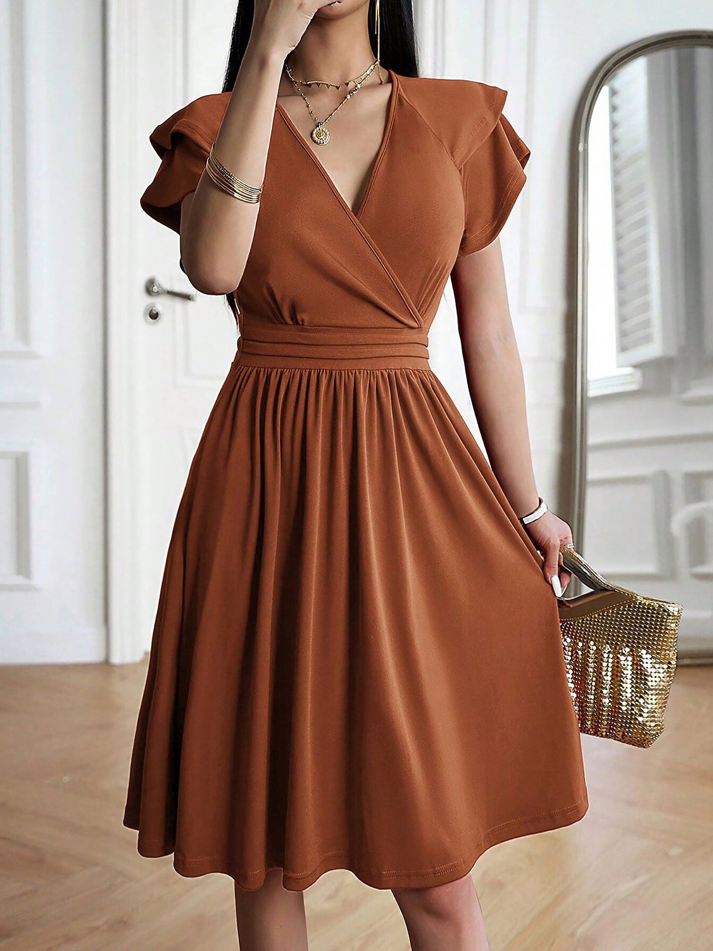 Breathable Cotton Blend Solid Color V Neck Ruffled Sleeve Midi Date Nights & Garden Parties Dress