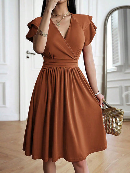 Breathable Cotton Blend Solid Color V Neck Ruffled Sleeve Midi Date Nights & Garden Parties Dress