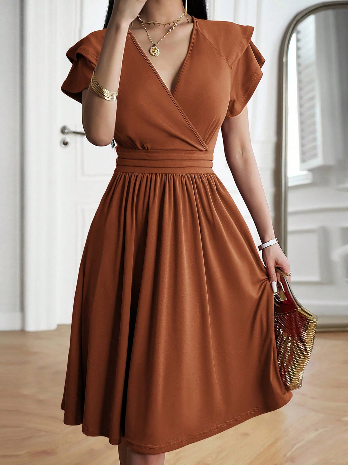 Breathable Cotton Blend Solid Color V Neck Ruffled Sleeve Midi Date Nights & Garden Parties Dress