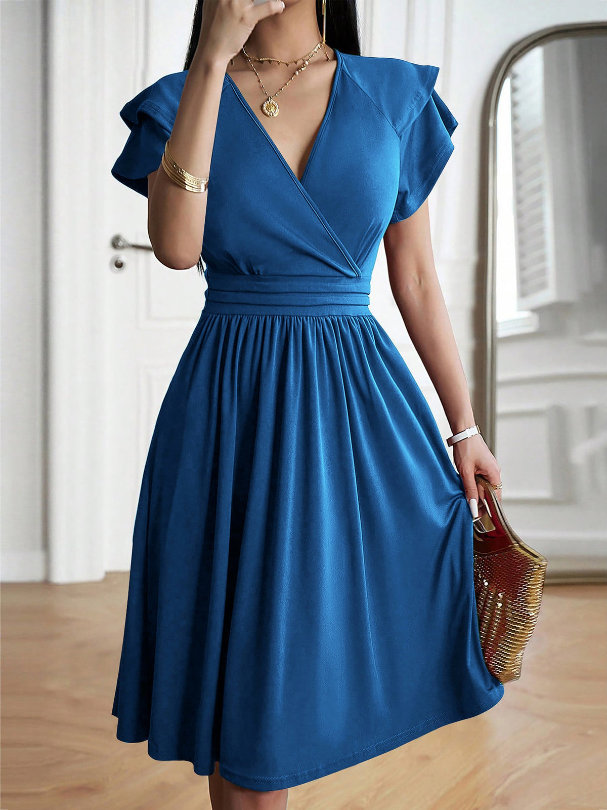 Breathable Cotton Blend Solid Color V Neck Ruffled Sleeve Midi Date Nights & Garden Parties Dress