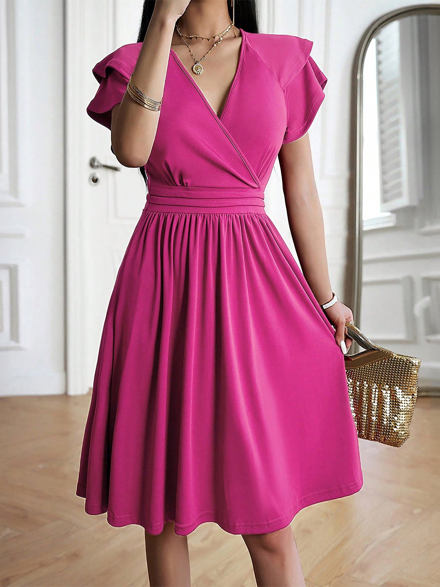 Breathable Cotton Blend Solid Color V Neck Ruffled Sleeve Midi Date Nights & Garden Parties Dress