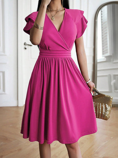 Breathable Cotton Blend Solid Color V Neck Ruffled Sleeve Midi Date Nights & Garden Parties Dress