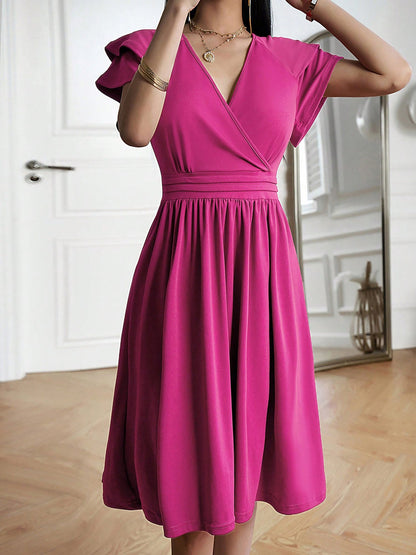Breathable Cotton Blend Solid Color V Neck Ruffled Sleeve Midi Date Nights & Garden Parties Dress