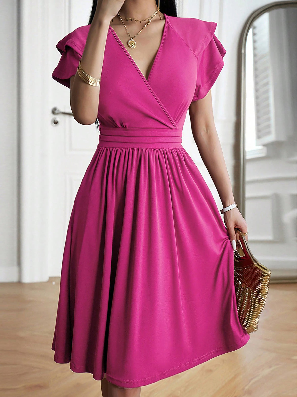 Breathable Cotton Blend Solid Color V Neck Ruffled Sleeve Midi Date Nights & Garden Parties Dress