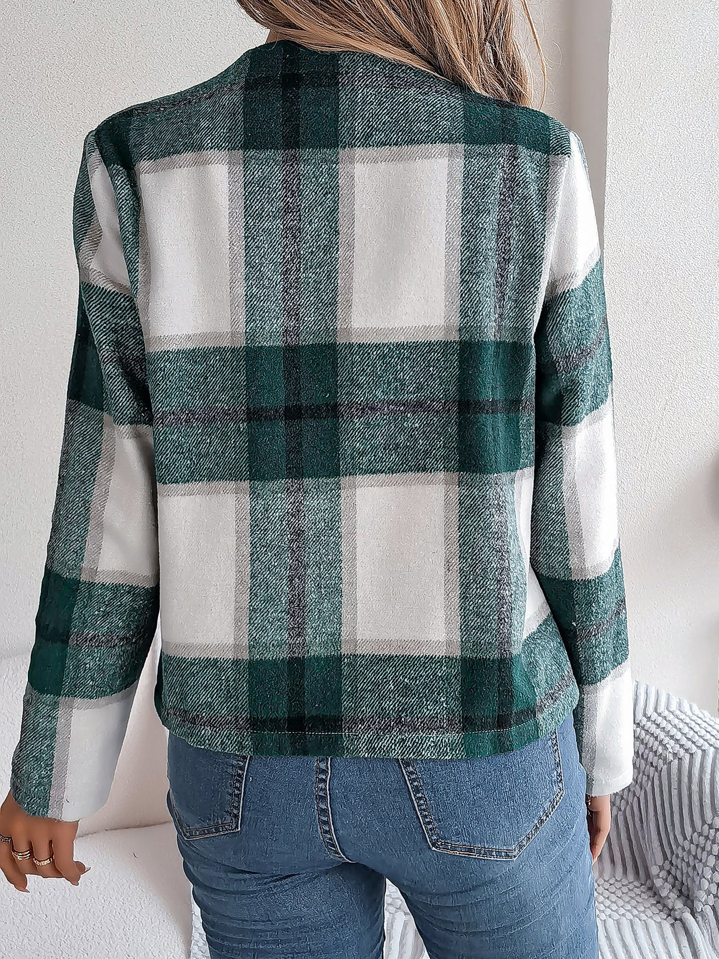 Plaid Long Sleeves Open Front Cropped Jacket