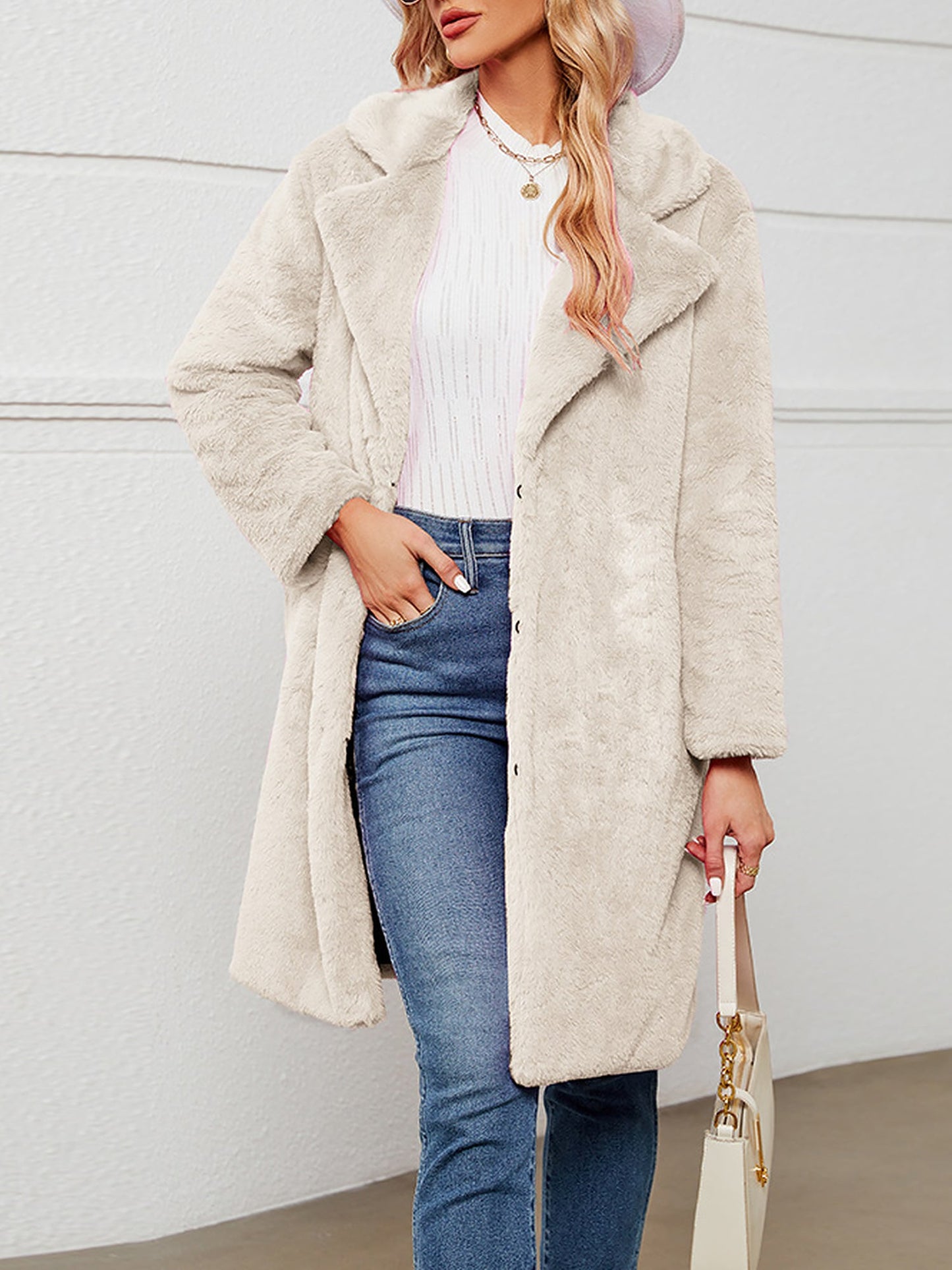 Faux Fur Notched Lapel Long Sleeves Mid-Length Coat