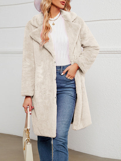 Faux Fur Notched Lapel Long Sleeves Mid-Length Coat