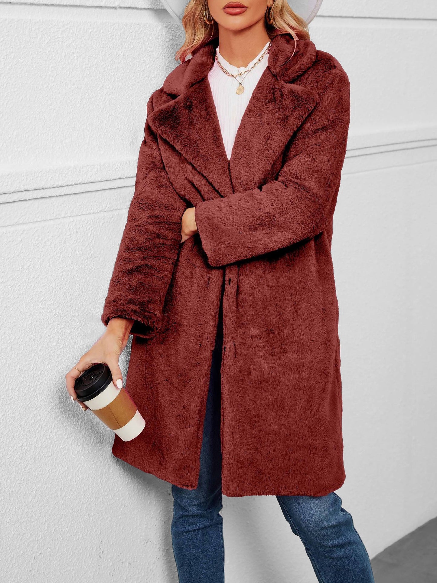 Faux Fur Notched Lapel Long Sleeves Mid-Length Coat