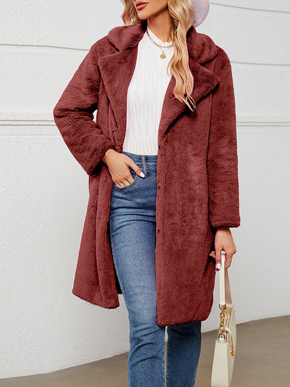 Faux Fur Notched Lapel Long Sleeves Mid-Length Coat