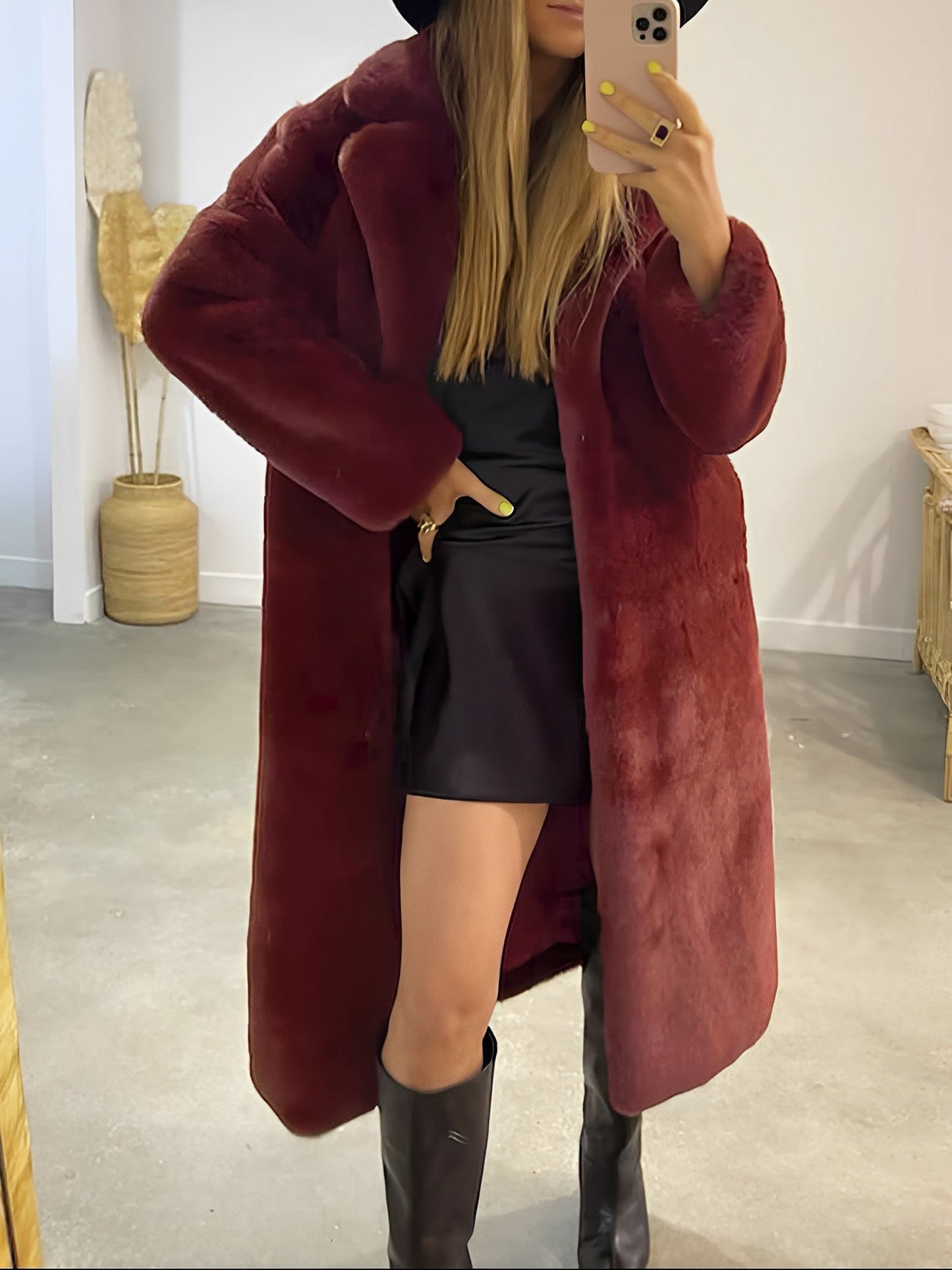 Faux Fur Notched Lapel Long Sleeves Mid-Length Coat